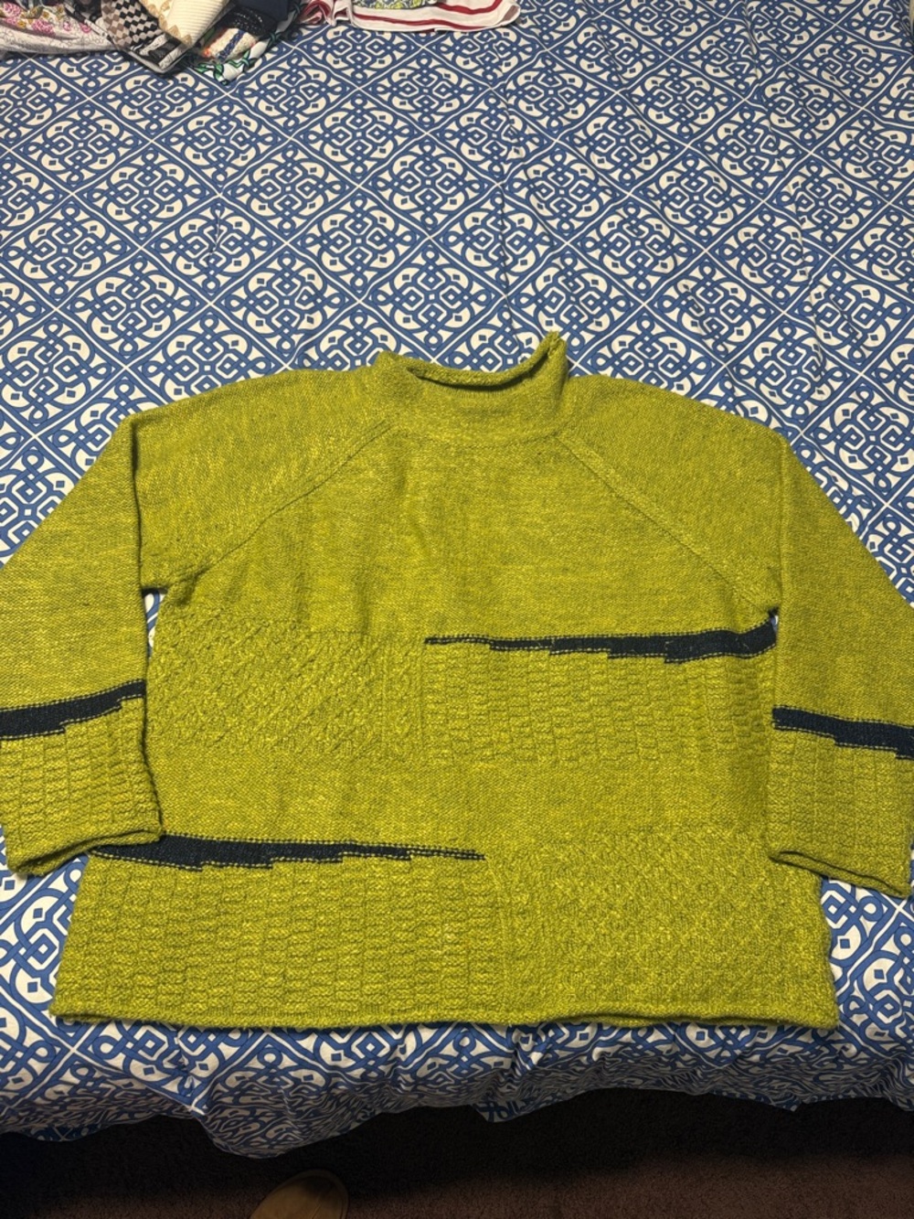 Habitat Chartreuse Crewneck Sweater with Navy Stripe Accents